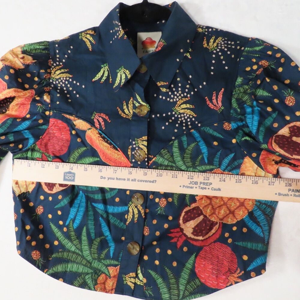 FARM Rio Tropical Fruit Print Cropped Button Blouse Jacket Puff Sleeve S - Picture 6 of 12